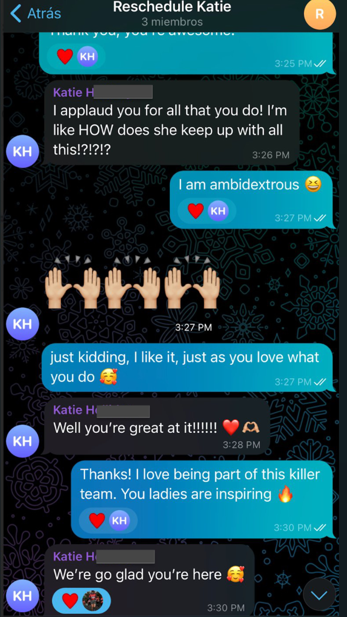 Katie applauding Alejandra